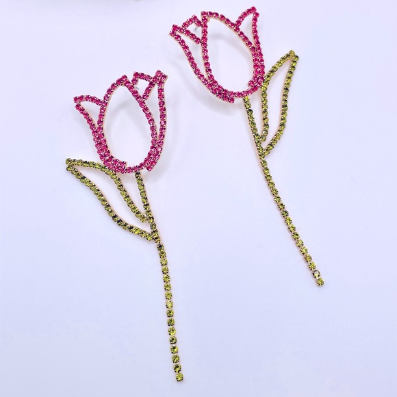 Zara Pink Tulip Rhinestone Earrings - Picture 2 of 5